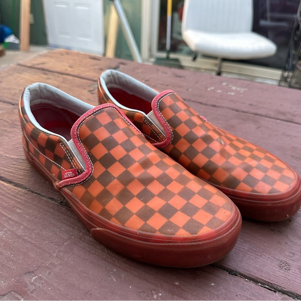 Vans Red and Brown Checkered Slip-Ons